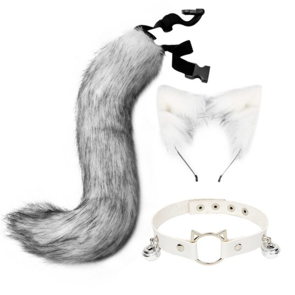 QinRuan Cat Ears and Wolf Fox Animal Tail Cosplay Costume Faux Fur Hair Clip Headdress Halloween Leather Neck Chocker Set (3-Blackwhite)