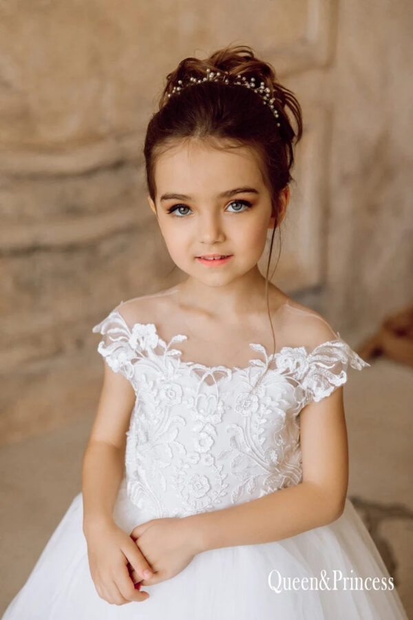 FATAPAESE Girl Dress For Wedding Lace Appqulies Tulle Skirt White Ivory Ball Gown Illusion Summer Sleeveless Communion Clothes