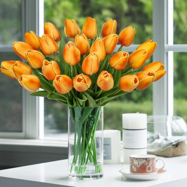 10 Pcs Orange Tulips Artificial Flowers Real Touch Fake Tulips Fake Flowers for Decoration 13.5" Faux Tulips Faux Flowers Bulk Artificial Tulips Flowers for Vase Centerpieces Home Wedding Bouquet