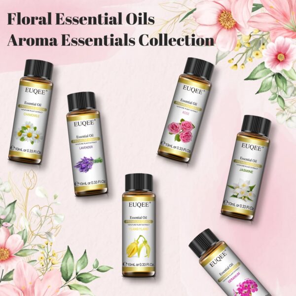 3d4d48cef62e2d05 EUQEE 6 Bottles Floral Series Essential Oils Set For Diffuser Candle Making-Rose Lavender Ylang Ylang Jasmine Geranium Chamomile