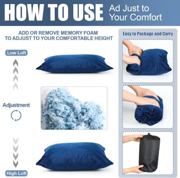3d75defc116e7a01 2 Pack Camping Pillow for Sleeping Shredded Memory Foam Travel Pillow with Storage Bag, Compressible Portable Pillow for Outdoor Camp Backpacking Hiking Essential Gear (Blue, Small)