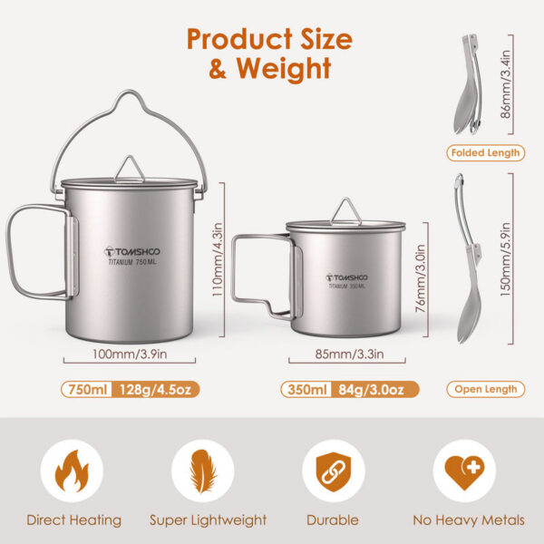 3d770a97315c94f0 Tomshoo 3 PCS Titanium Cookware Set Ultralight 750ml Pot 450ml Water Cup Mug w Lid Folding Spork for Outdoor Camping Backpacking