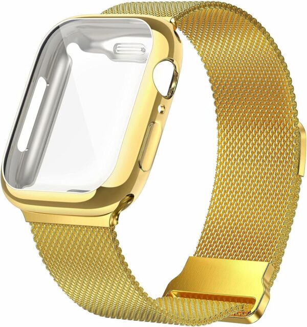 Geoumy Metal Magnetic Bands Compatible for Apple Watch Band 41mm with Case, Stainless Steel Milanese Mesh Loop Replacement Strap Compatible with iWatch Series 8/7/6/5/4/3/2/1 SE Women Men,Brown Gold
