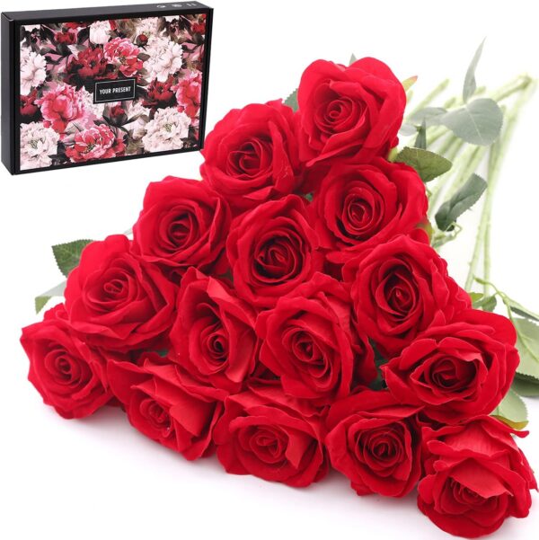 15Pcs Artificial Roses Velet Real Touch Single Stem Fake Roses Silk Realistic Bouquet Flowers Arrangements Home Office Garden Grave Party Wedding Decoration(Light Pink-15p, Blossom Roses)