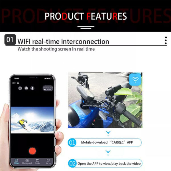 WiFi Motorcycle Camera Handlebar Mount Waterproof Rechargeable Helmet Dash Cam Cycg Action Camcorder Riders Video Recorder