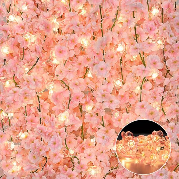 Sunm Boutique 8-Pack 47.2 Ft Artificial Cherry Blossom Garland Cherry Blossom Hanging Vine with 65.6 Ft Long 160 LED String Lights Silk Sakura Vines Garland for Wedding Party Home Decor, Pink