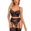 SOLY HUX Sexy for Women Naughty 4 Piece Lace Garter Belt Babydoll Lingerie Set with Stocking Underwire Bra and Panty