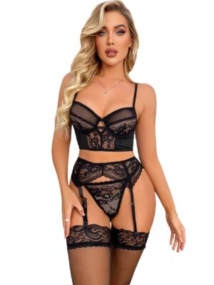SOLY HUX Sexy for Women Naughty 4 Piece Lace Garter Belt Babydoll Lingerie Set with Stocking Underwire Bra and Panty