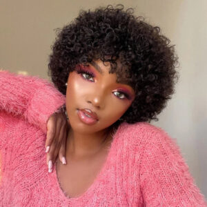 3f2500acb81970fb Pixie Short Afro Bob Human With Bangs For Women Brazilian Remy Hair Wear and Go Natural Brown Kinky Curly Wigs