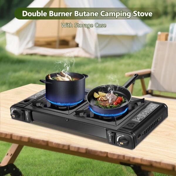 3f2da4913b2b0860 Double Burner Butane Stove, Butane Camping Stove Kit with Carrying Case, Portable Auto Ignition Camping Burner for RV, Apartments, Outdoor