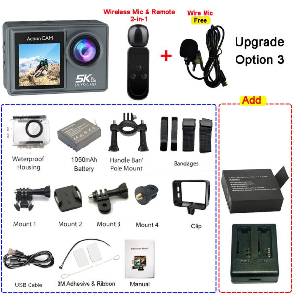 3f79f9a70e6db13f 5K 4K60FPS Action Camera Dual IPS Touch LCD EIS 170° DVR 30M Waterproof 5X Zoom Sport Camera With Wireless Mic & Pre Recording