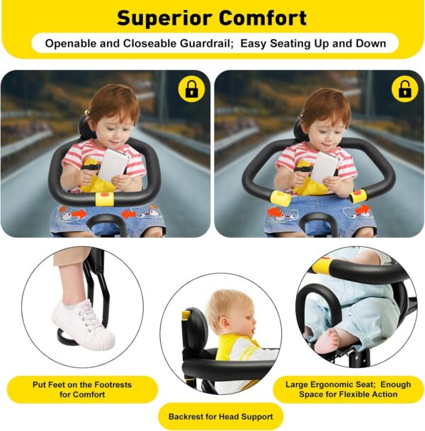 Gdrasuya10 Portable Bicycle Front Mounted Baby Seat Lightweight Child Bicycle Safety Seat Padded Saddle Kids Saddle Carrier Seat Cushion with Foot Pedal