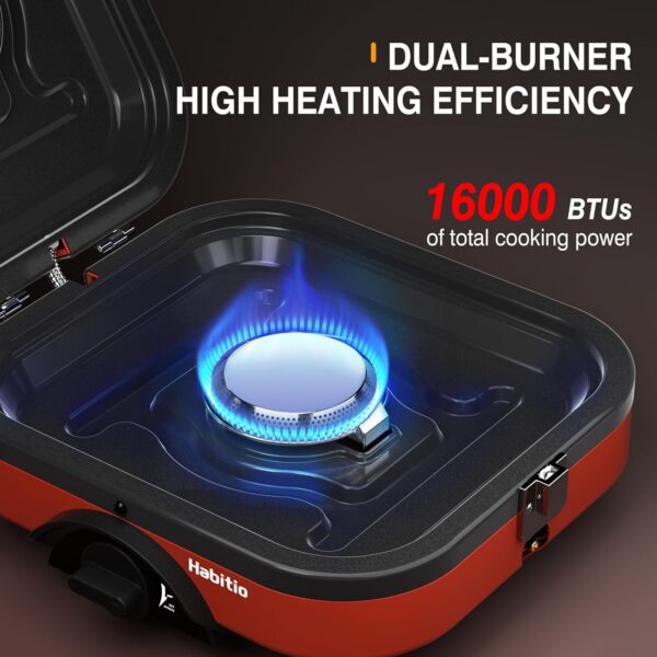 3f8cc90ce48927ae 2-Burner Camping Stove Foldable, Portable Propane Camp Stove with 16000 BTU Adjustable Burners and Piezo Ignition, Folding Stove with Carry Bag & Handle for Camping, Tailgating, Backyard BBQ - Red