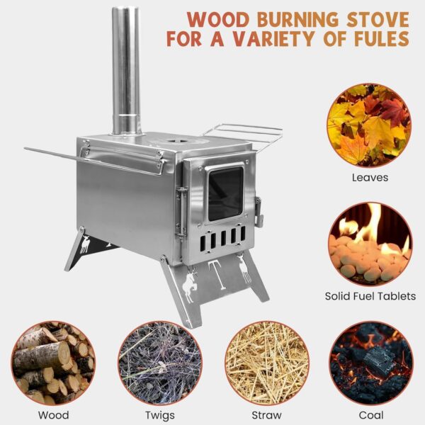 3fd05f3f61d3ce0a WUDLEP Tent Camping Stove, Tent Stove Wood Burning Stoves, Portable Stainless Steel Tent Wood Stoves with Chimney Pipes Portable Camping Cookware for Camping Heating Lodging Cooking