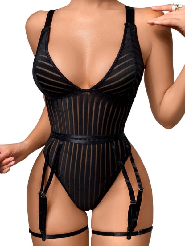 3ff340ca08bd85a3 Kaei&Shi Sexy Ribbed Top,Plunge V, Snap Crotch, Leg Strap, Backless 3Pc Bodysuit