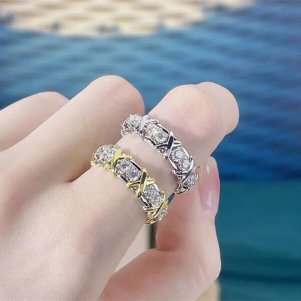 Sterling Sier Plated Gold X Cross Sixteen Stone Diamond Rings for Women Classic Fashion Brand Party Fine Jewelry