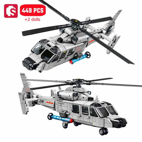 SEMBO 449pcs Z-9 Shipborne Helicopter Assemblage Building Blocks MOC Armed Aircraft Fighter Soldiers Models Kids Toys Boys Gifts