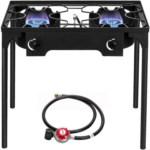 Bonnlo 3 Burner Outdoor Portable Propane Stove Gas Cooker, Heavy Duty Iron Cast Patio Burner with Detachable Stand Legs for Camp Cooking (3-Burner 225,000-BTU)