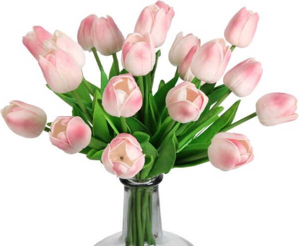 IPOPU 12PCS Pink Tulips Artificial Flowers for Decoration Fake Tulips Real Touch Fake Pink Flowers Artificial Floral Arrangements Pink Faux Tulips Decor Table Home Kitchen Wedding Decorations (Pink)