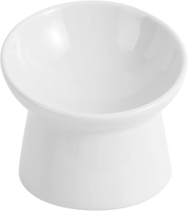 White Small Ceramic Raised Cat Bowls, Tilted Elevated Food or Water Bowls, Stress Free, Backflow Prevention, Dishwasher and Microwave Safe, Lead & Cadmium Free