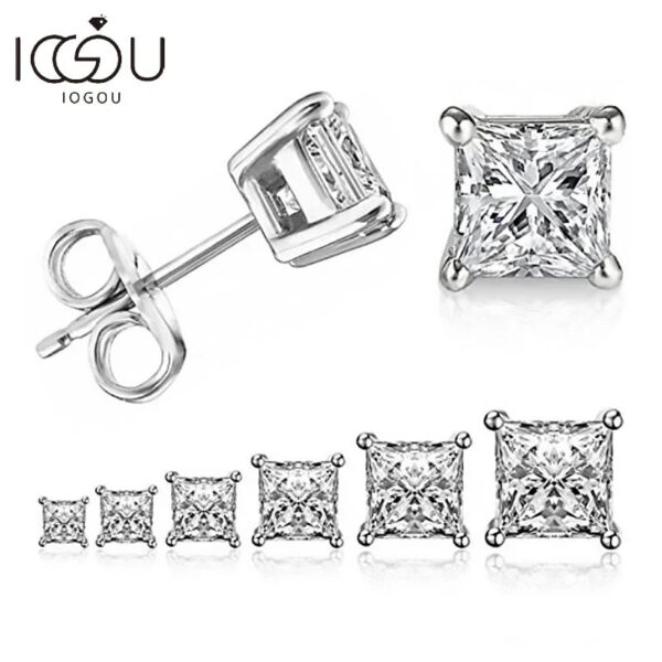 IOGOU 925 Sterling Silver Stud Earrings For Women 4-Claws Square Zirconia Earring Wedding Engagement Bridal Diamond Jewelry Gift