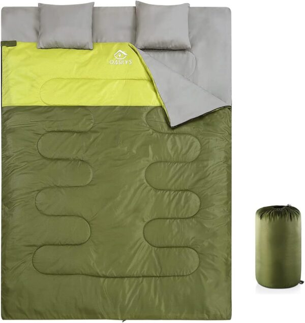 oaskys Double Sleeping Bag for Adults with 2 Pillows - Queen Size XL Waterproof Sleeping Bag for All Season Camping Hiking Backpacking 2 Person Sleeping Bags for Cold Weather & Warm