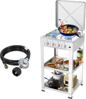 41ccba8800012347 Propane Gas Stove-300000BTU Portable Gas Stove with Support Leg Stand and Wind Blocking Cover Adapter Auto Ignition Camping Stove 4 Burner LPG for RV, Apartment, Outdoor Cooking