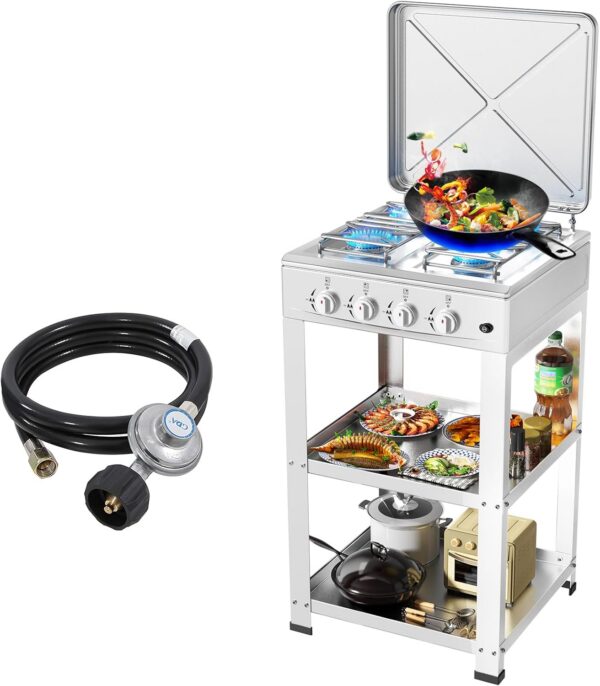 41ccba8800012347 Propane Gas Stove-300000BTU Portable Gas Stove with Support Leg Stand and Wind Blocking Cover Adapter Auto Ignition Camping Stove 4 Burner LPG for RV, Apartment, Outdoor Cooking