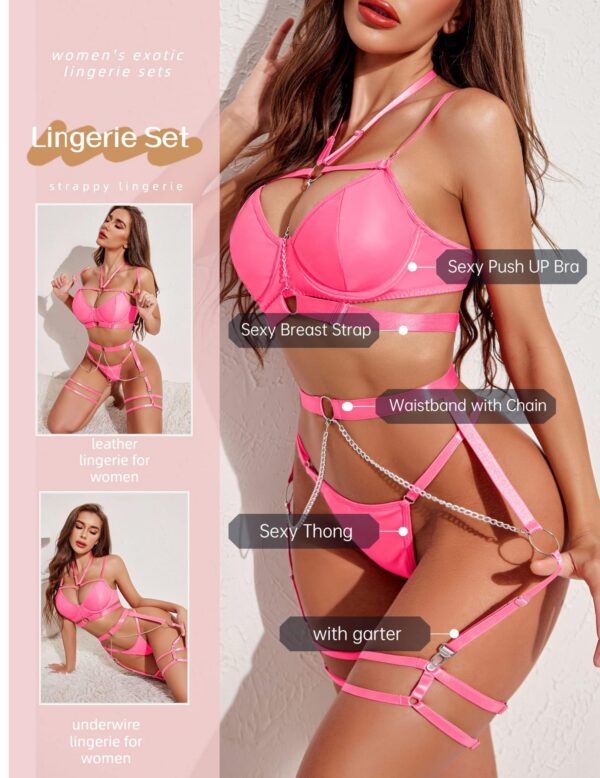 Avidlove Set for Women Sexy Strappy 5 Piece Lingerie Garter with Underwire Push Up Bra and Chain