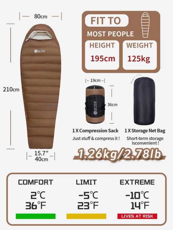 QEZER Winter Sleeping Bag for Adults,Lightweight Down Sleeping Bag [1260g/1560g ] 0°C bis -20°C for 4 Season Backpacking,Hiking,Camping and Mountaineering Outdoor with 660 FP Duck Down