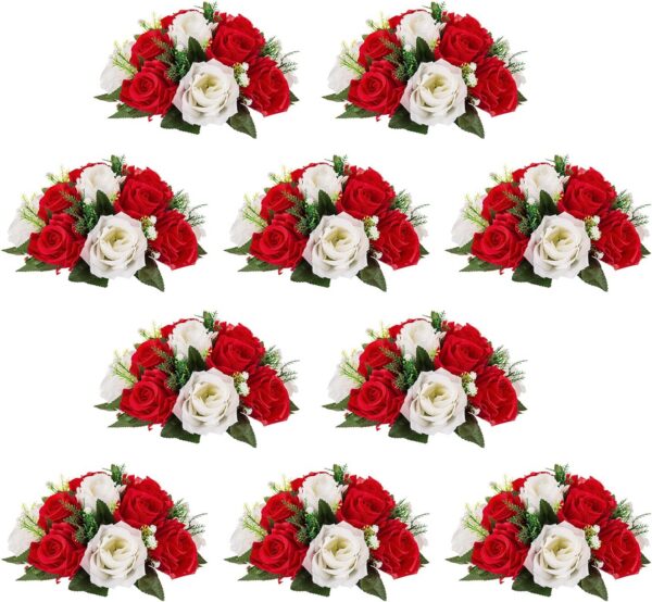 428687892701fcc0 NUPTIO Artificial Flower Centrepieces for Tables - 6 Pcs Crimson & White Fake Flowers Roses Balls 9.5in Diameter - Silk Faux Rose Arrangement for Wedding Party Centerpiece Table Decorations