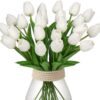 42b5a265c436c4b1 24 Pcs White Tulips Artificial Flowers Real Touch Fake Tulips Fake Flowers for Decoration 13.5" Faux Tulips Faux Flowers Bulk Artificial Tulips Flowers for Vase Centerpieces Home Wedding Bouquet