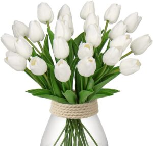 24 Pcs White Tulips Artificial Flowers Real Touch Fake Tulips Fake Flowers for Decoration 13.5" Faux Tulips Faux Flowers Bulk Artificial Tulips Flowers for Vase Centerpieces Home Wedding Bouquet