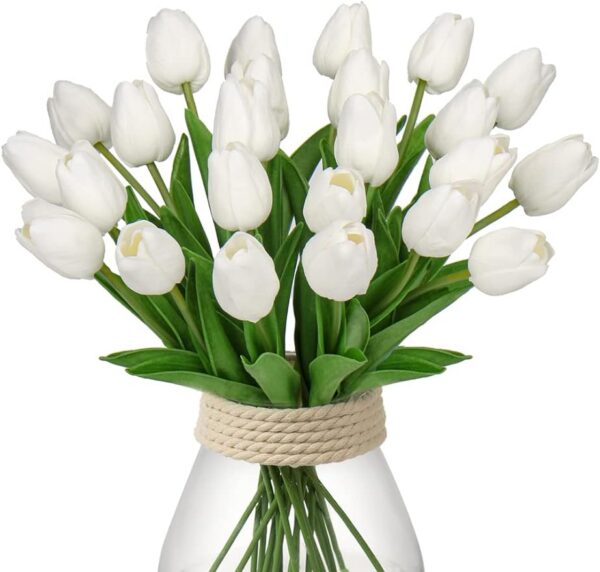 42b5a265c436c4b1 24 Pcs White Tulips Artificial Flowers Real Touch Fake Tulips Fake Flowers for Decoration 13.5" Faux Tulips Faux Flowers Bulk Artificial Tulips Flowers for Vase Centerpieces Home Wedding Bouquet