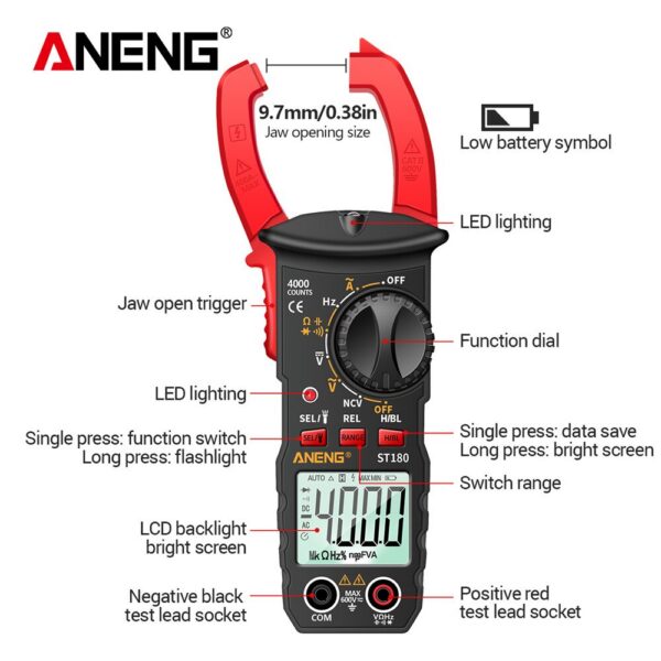42fb96e692c6e414 ANENG ST180 4000 Counts Digital Clamp Meter AC Current Multimeter Ammeter Voltage Tester Car Amp Hz Capacitance NCV Ohm Tool