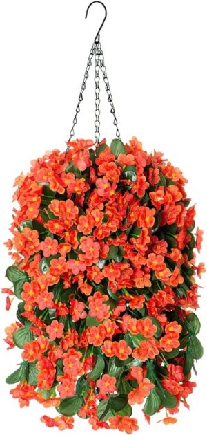 430827a47d59e1d8 Artificial Fake Hanging Flowers Plants with Basket for Outdoor, Orange Faux Silk Orchid Potted Planter Floral Arrangement UV Resisitant for Porch Outside Porch Patio Balcony Yard Home Decoration