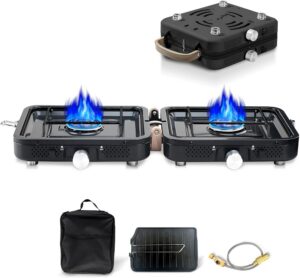 432dde866991702f Hengriacly Campingkocher, Collapsible & Tragbare, Gaskocher 2 Flammig mit Piezo-Zündung, inkl. Grillplatte & Gasschlauch, für Outdoor BBQ, Wandern & Notfälle, Butan