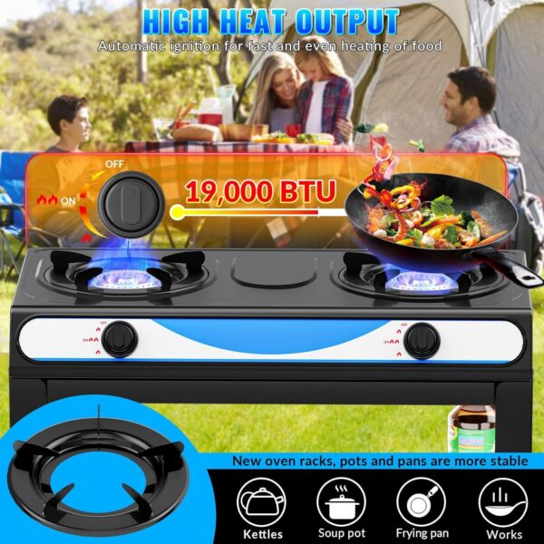 4397405204bfccd5 2 Burner Propane Gas Stove,19000BTU Portable Gas Stove with Support Leg Stand and Adapter Auto Ignition Camping Stove,propane burner for RV, Apartment, Outdoor Cooking
