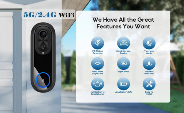 43c8c6c06c273d1e 5G 2.4G WiFi Video Doorbell 1080P Wireless Bell Tuya APP Smart Intercom Camera IP65 Waterproof Ring Bell with 7000mAh Battery