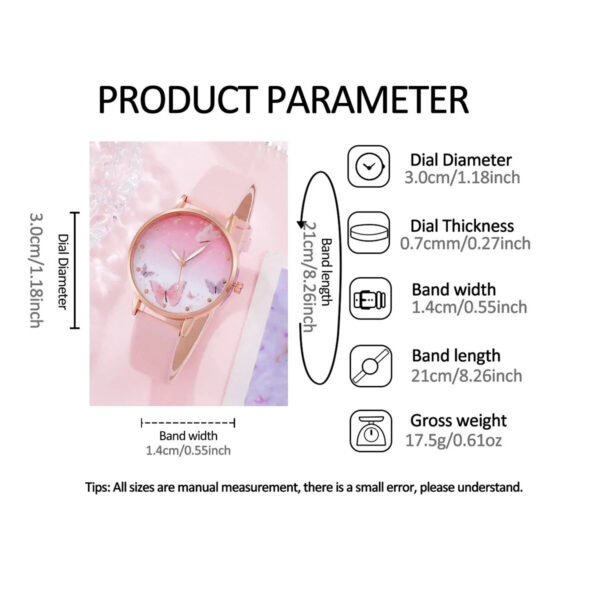 4459de2f37835ab4 6PCS Set Women Fashion Quartz Female Clock Pink Butterfly Dial Brand Design Ladies Leather Wrist Watch Montre Femme