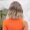 Women Grey Wavy Bob Wigs Bangs Short Blonde Ombre Synthetic Wig With with Dark Roots Natural Hair for Daily Use