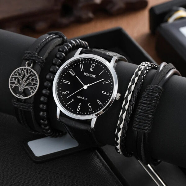 44c4e6d75a6fffec MSCXDK Brand 5pcs Black Quartz Watches Bracelet Men Business Casual Round Watch Life Tree PU Leather Bracelets Sets
