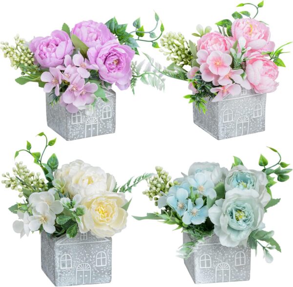 XONOR Artificial Flowers - Set of 4 Mini Fake Potted Silk Daisy Flowers for Home Decor Wedding Office Tabletop Decoration