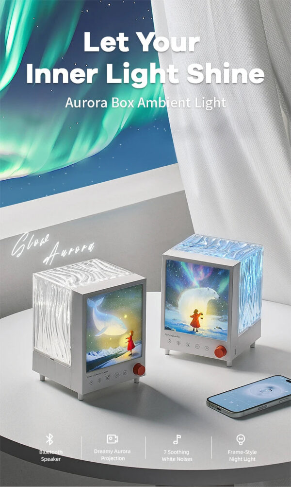 Aurora Box Projector Night Light Bluetooth Ambient Light With White Noise Stepless Dimming Beside Lamp For Bedroom Decor