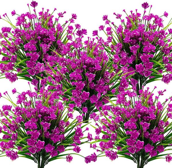 Grunyia 10 Bundles Artificial Fake Flowers, Faux Outdoor Plastic Plants UV Resistant Shrubs Outside Indoor Decorations (Purple-Eucalyptus)