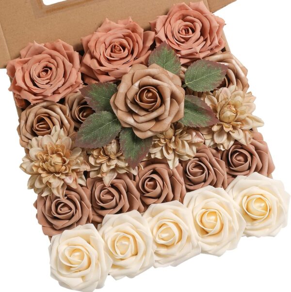 YYHUAWU Artificial Flowers Combo Box Set Gradient Color Flower Leaf with Stems for DIY Wedding Bouquets Centerpieces Baby Shower Party Home Decorations Peach