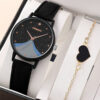1pc Women With Qpc Fashion Casual Round Pointer Quartz Watch Dainty Black Heart Bracelet Set