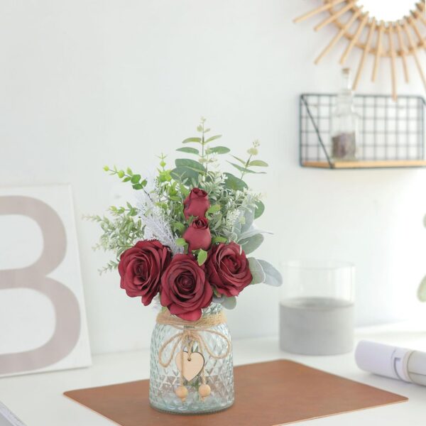 Faux Flowers with Vase,Artificial Silk Roses in Vase, Fake Plant Eucalyptus Flower Arrangement for Home Office Farmhouse Bathroom Dining Table Centerpiece Decorations Coffee Table Decor (Burgundy)
