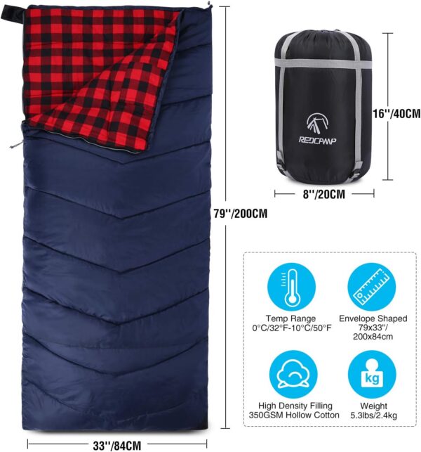 REDCAMP Cotton Flannel Sleeping Bags for Camping, 3-Season Warm and Comfortable Adult Sleeping Bag, Envelope with 2/3/4lbs Filling