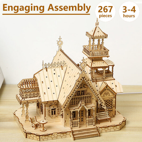 47087449933a3980 Villa 3D Wooden Kit with Light Castle Puzzles Assembly Toy Kid Adult DIY Model Kits Desk Decoration for Gift